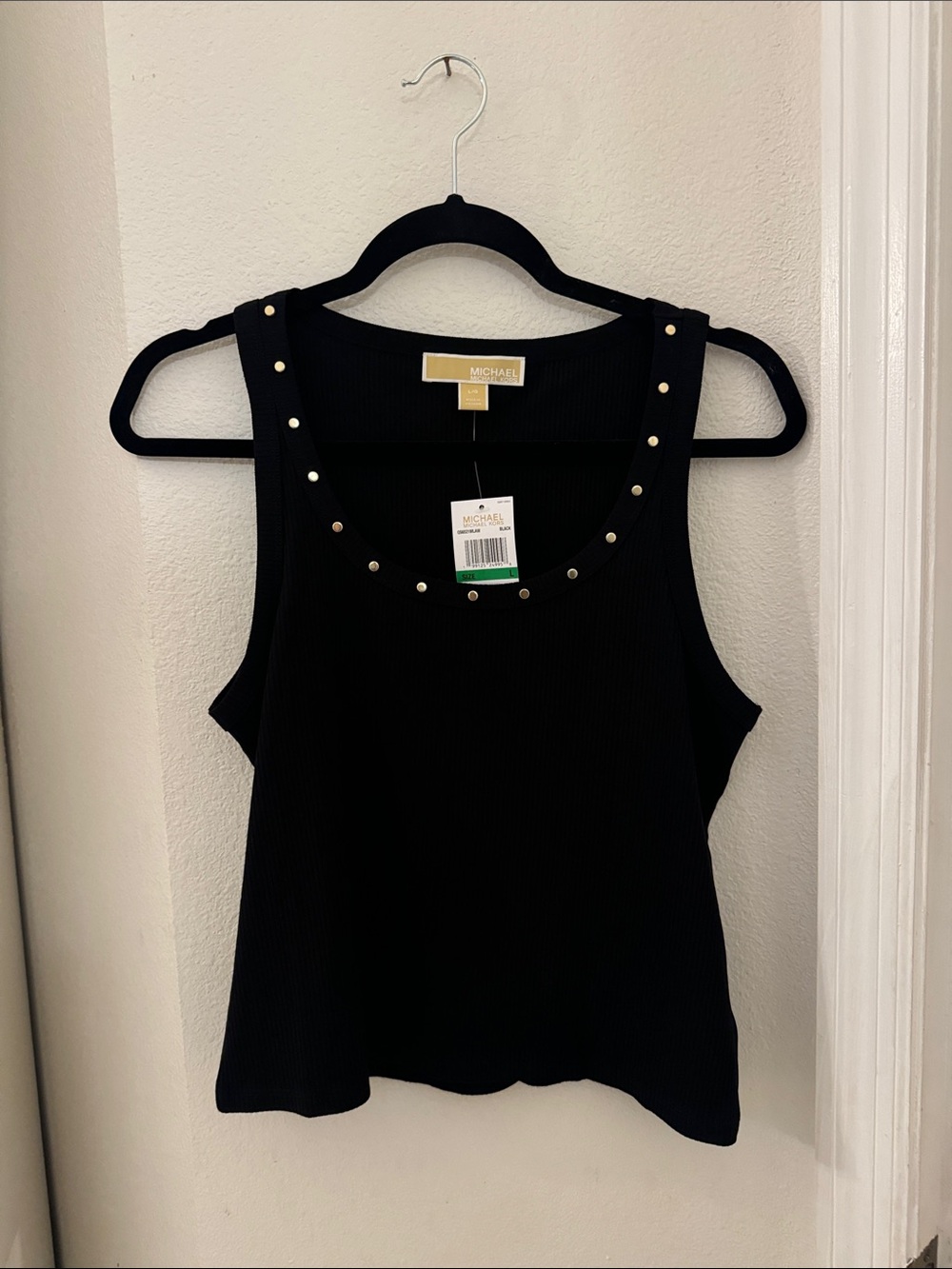 Michael Kors Black Ribbed Tank with Gold Stud Trim